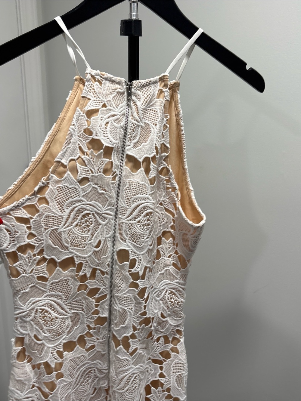 Lulu's White Lace Halter Midi Dress with Nude Underlay - Picture 6 of 8